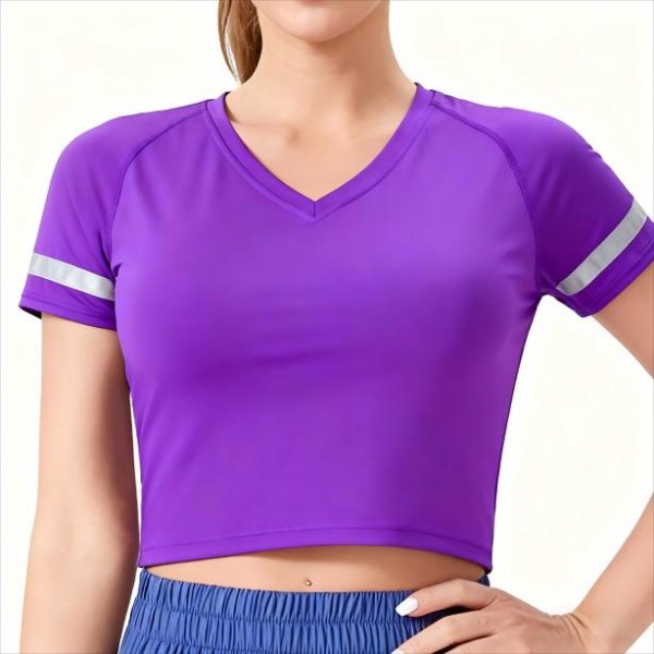 Women's Purple V-Neck Short-Sleeve Crop Top with Reflective Stripes – Running Workout Shirt No Padding
