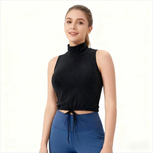 Women's Black Turtleneck Sleeveless Crop Top with Drawstring – Athletic Workout Tank Top No Padding