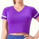 Women's Purple V-Neck Short-Sleeve Crop Top with Reflective Stripes – Running Workout Shirt No Padding