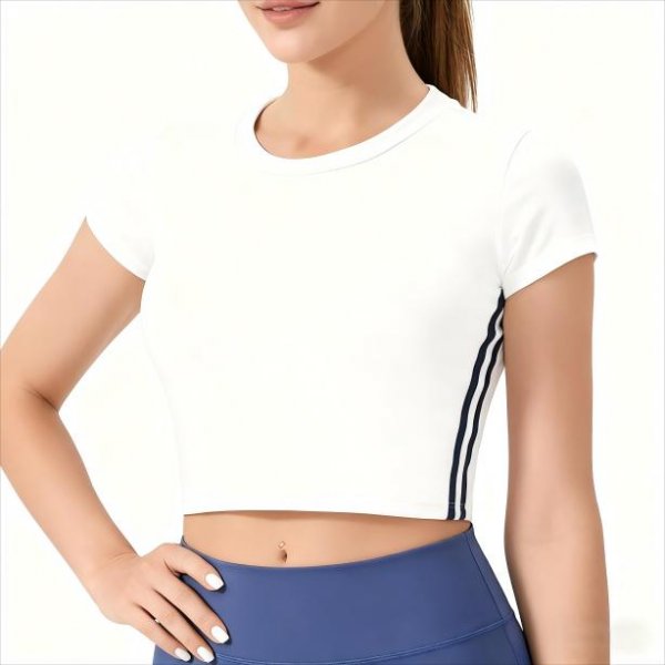 Women's White Short-Sleeve Crop Top with Side Stripes – Workout Running Athletic Shirt No Padding