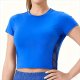 Women's Blue Short-Sleeve Crop Top with Side Mesh – Running Gym Athletic Shirt No Padding